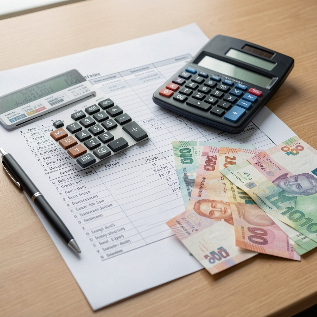 Kağıt üzerinde bütçe planı, hesap makinesi, kalem ve Türk lirası banknotları, kişisel finansal planlama konsepti