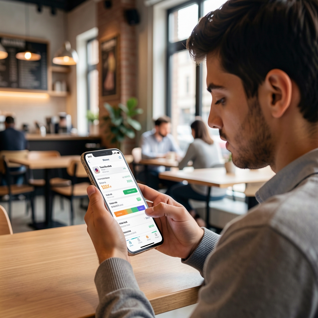 Genç Türk kullanıcı akıllı telefon fintech uygulaması kullanıyor, dijital bütçeleme ekranı görünüyor, modern café ortamı