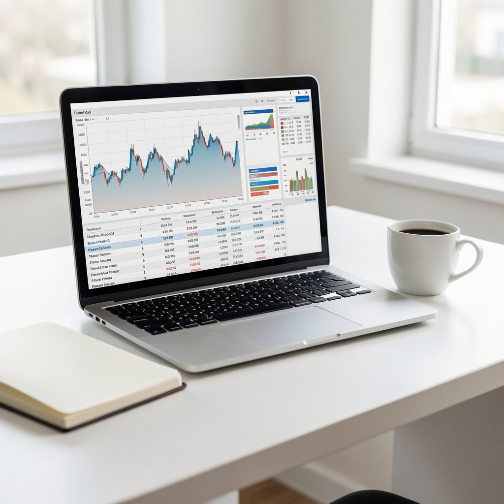 Beyaz masa üzerinde dizüstü bilgisayar ekranında finansal grafik ve tablolar, not defteri ve kahve fincanı, finansal planlama ortamı