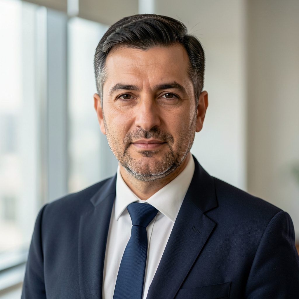 Orta yaşlı Türk erkek finans uzmanı, lacivert takım elbise, ofis arka planı, profesyonel portre