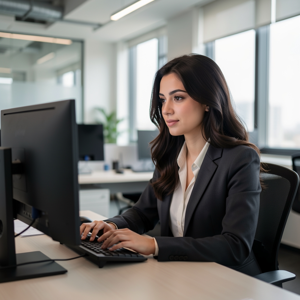 Genç Türk kadın araştırmacı, koyu saçlı, modern ofis, bilgisayar önünde, analitik yaklaşım